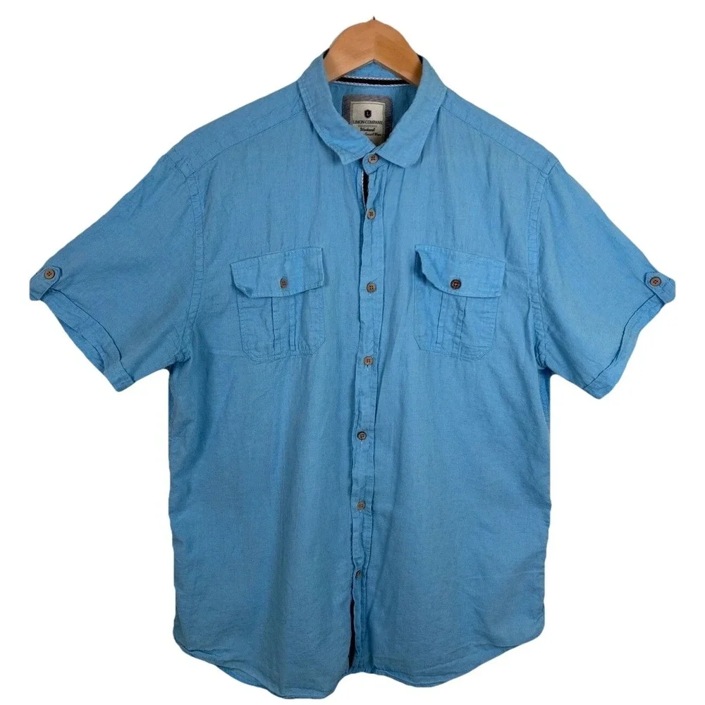 Limon Company Linen‎ Shirt Roll Tab Short Sleeve Casual Blue - Measures Large